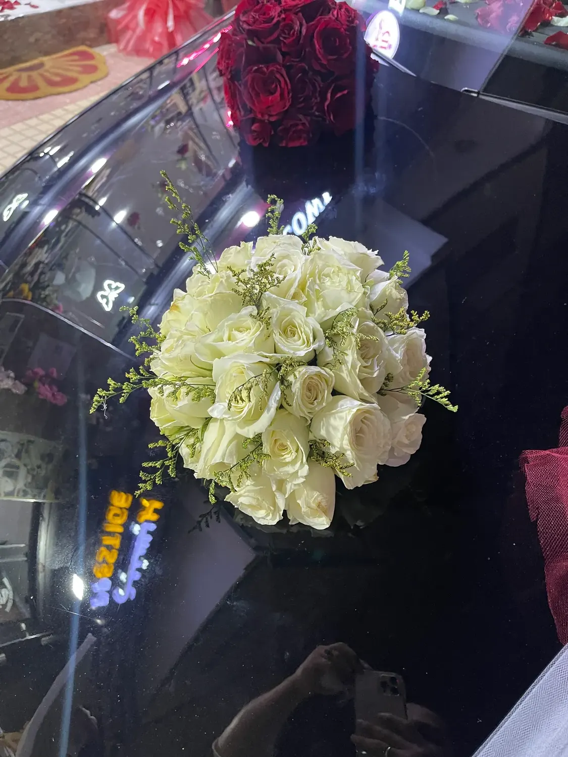 White Rose Hood car decoration by Joury Flowers
